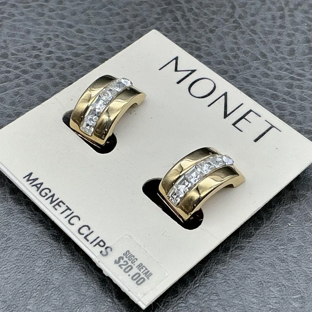 Monet Earrings Gold Tone Crystal Huggie Hoop Womens Magnetic‎ Fashion Jewelry